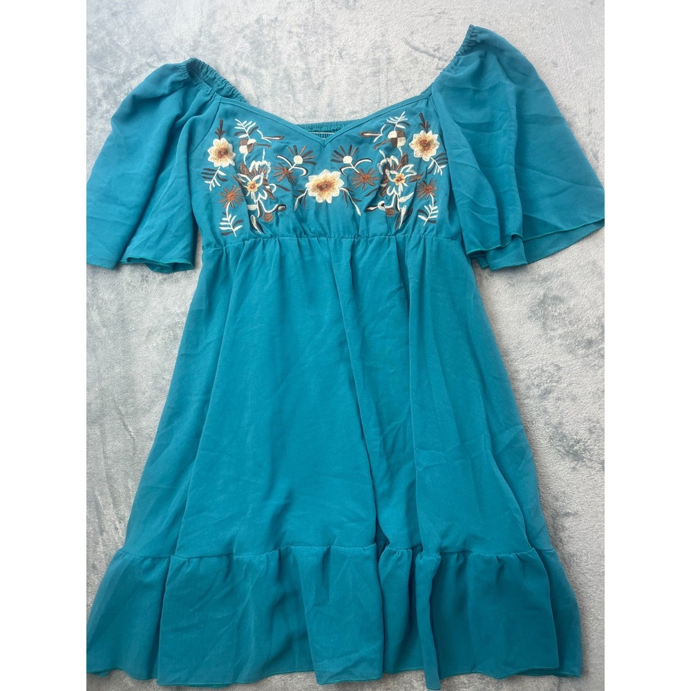 Cowgirl Embroidered Midi Dress Teal Blue Floral V-Neck XL